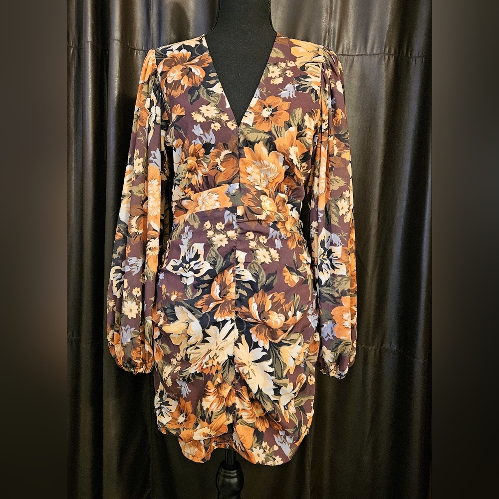 Showpo Lorelei VNeck Plunge Neckline Puff Sleeve Mini Dress-Indulgent Bloom-SZ 6